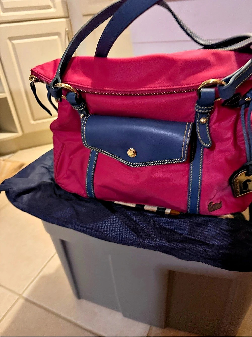 Dooney & Bourke Nylon Large Pocket Satchel Fuchsia with Blue leather